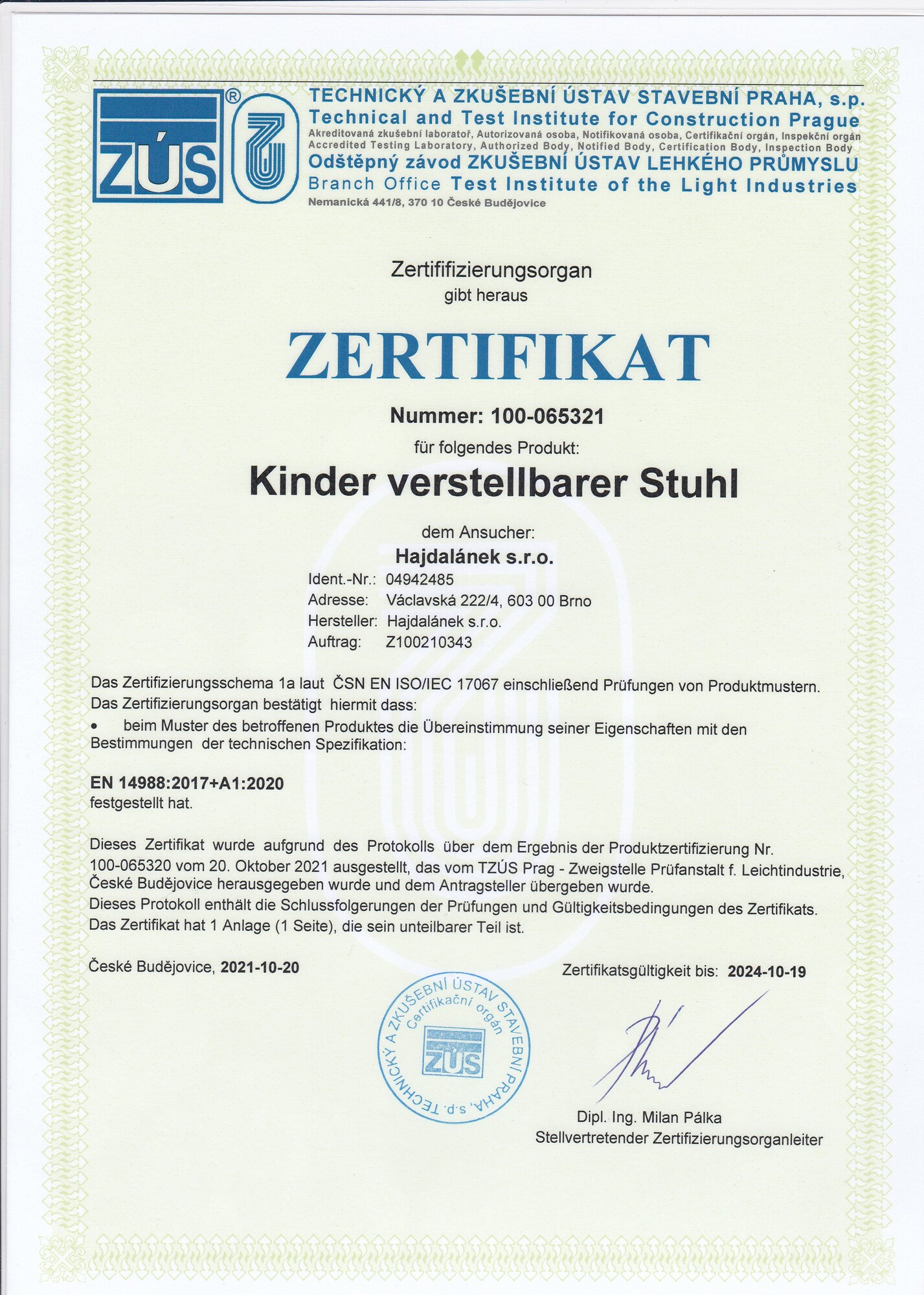 Zertifikat Hochstuhl